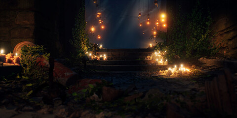 Fototapeta premium Ancient ruin of roman cave with vegetation and illuminated lanterns with smoke. 3D render.