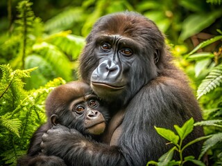 Obraz premium Heartwarming Product Photography of a Baby Gorilla Cuddling with Its Mama in a Natural Habitat, Showcasing the Bond of Love and Care in Wildlife, Ideal for Nature and Wildlife Enthusiasts