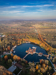 Heviz, Hungary - Aerial view of Lake Heviz, the world’s second-largest thermal lake and holiday spa destination at Zala county on autumn
