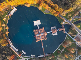 Heviz, Hungary - Aerial view of Lake Heviz, the world’s second-largest thermal lake and holiday...