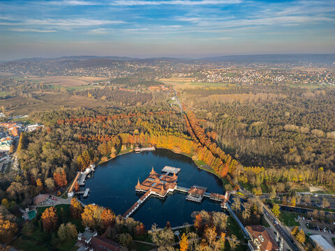 Heviz, Hungary - Aerial view of Lake Heviz, the world&rsquo;s second-largest thermal lake and holiday spa destination at Zala county on autumn
