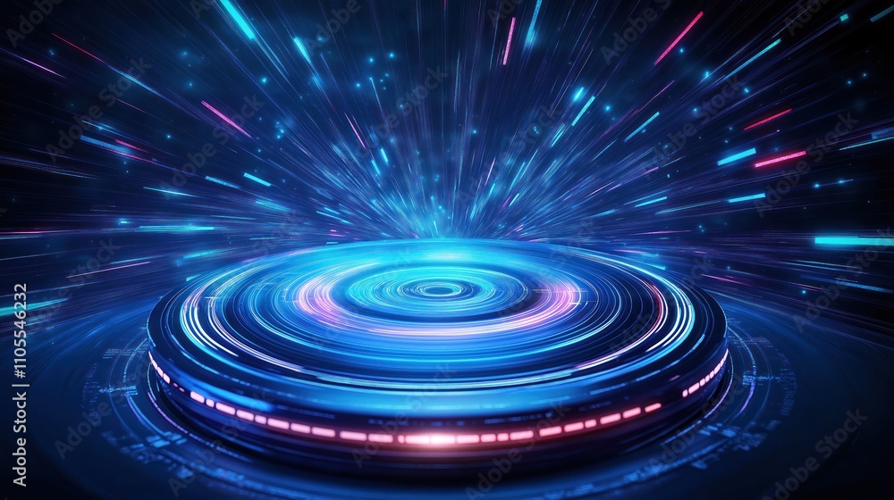 Poster circular turntable with glowing tech lines creates dynamic abstract scene. fast moving light effects
