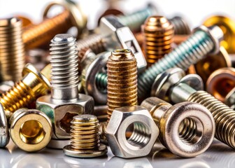 High-Detail Tilt-Shift Photography of Macro Screw Heads, Bolts, Steel Nuts, and Old Metal Nails Isolated on a Crisp White Background for Industrial and Mechanical Themes