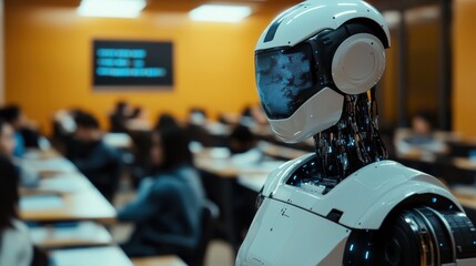 Fototapeta premium Humanoid robot teacher in hightech college classroom setting