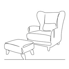 One continuous single drawing line art flat doodle soft chair with ottoman, footrest, comfortable...