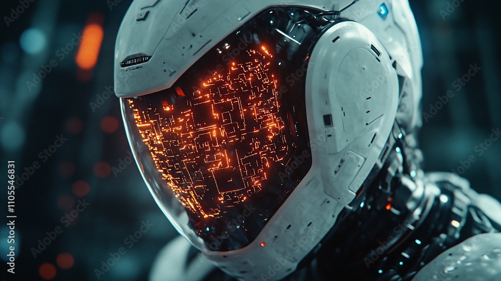 Poster Close-up of a futuristic robot's helmet with illuminated circuitry.