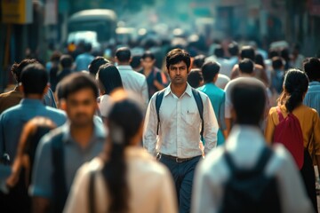 Busy city street. Crowded urban scene. Indian commuters walk in many directions. Daytime scenario. Everyday life in urban environment. Public transport commuters.