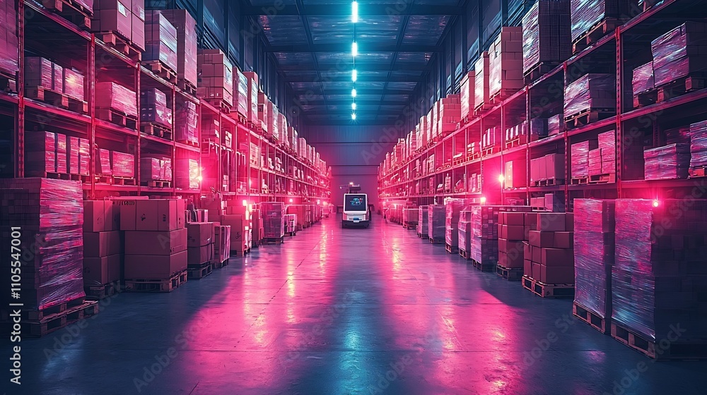 Poster futuristic warehouse automation with neon lit robotic sorting and supply chain monitoring