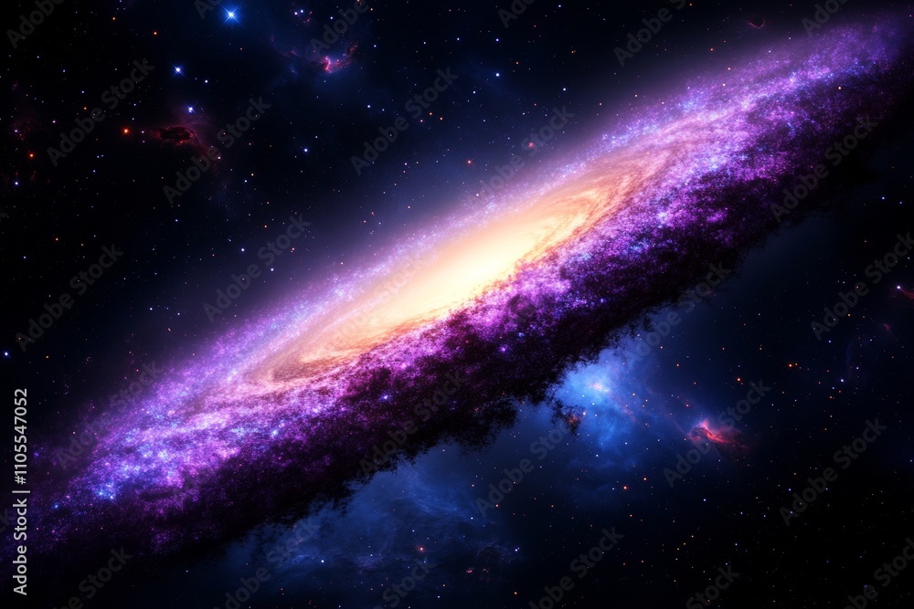 Wall mural stunning edge-on view of spiral galaxy with glowing core and purple nebula
