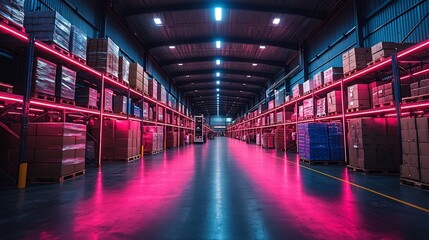 Fototapeta premium Automated Warehouse with Neon Lit Robotic Logistics and Supply Chain Monitoring