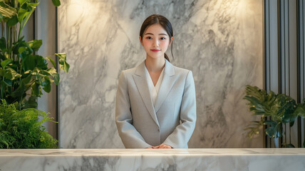 Obraz premium 高級オフィスの受付で働く日本人女性