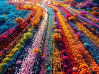 Aerial view of vibrant thread rows.