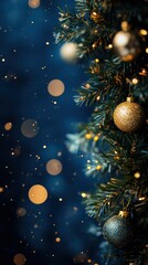 Green garland with gold ornaments on navy blue bokeh background