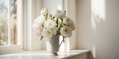 Beautiful flowers by the open window with nature and copy space.