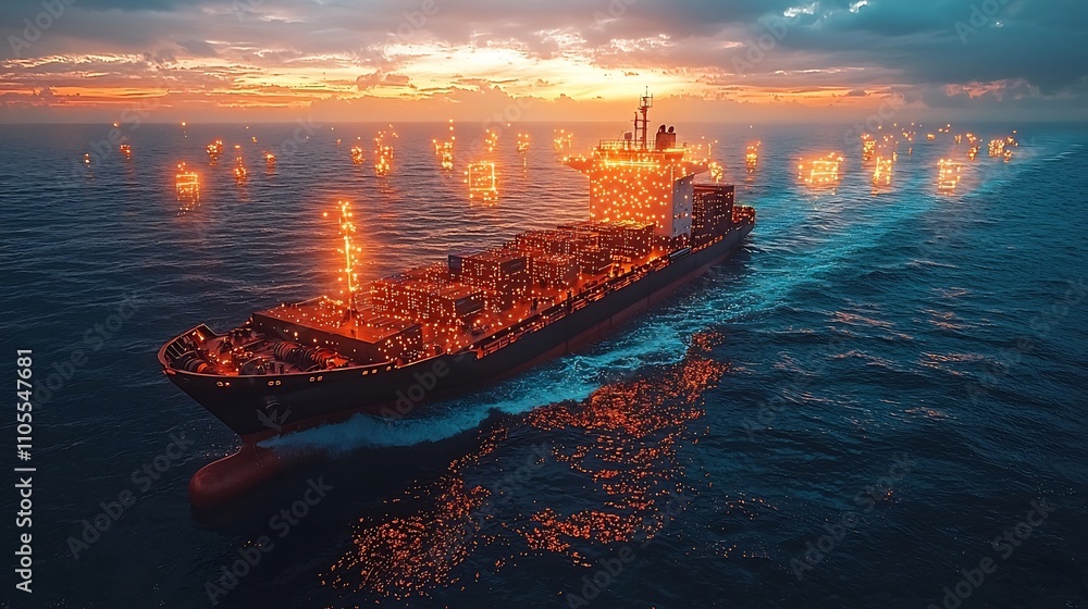 Poster futuristic cargo ship loading digitally tracked smart containers with holographic data