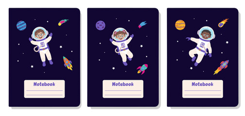 Space cover design for notebooks, brochures, books with space elements and children astronauts.