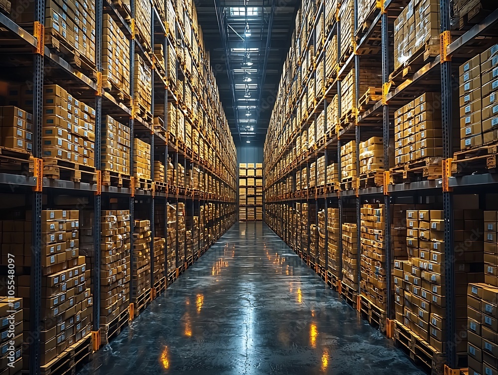 Poster futuristic transparent warehouse with floating digital crates and supply chain automation