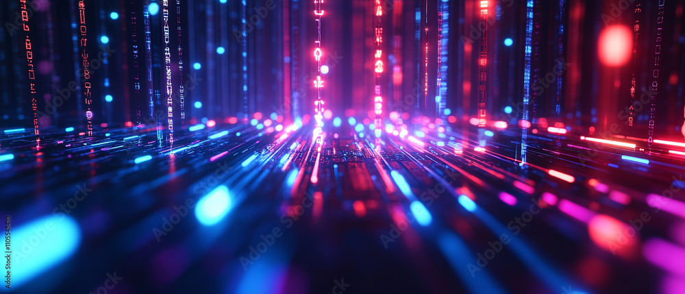 Poster abstract digital data stream: futuristic neon pink and blue binary code background