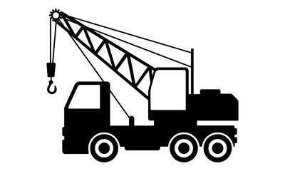 Truck crane icon. Black silhouette. Side view. Vector drawing. Isolated object on a white background. Isolate.