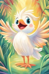 Fototapeta premium A cheerful kagu bird with bright eyes and fluffy white feathers, standing in a tropical jungle background, painted in a colorful and playful cartoon style..
