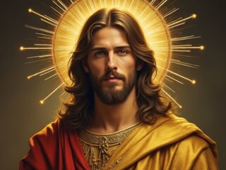 Artistic depiction of a Jesus, bearded man with long hair, wearing a golden robe, radiant halo with golden rays behind him, concept of spirituality and divinity