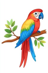 Obraz premium A colorful parrot with vibrant red, blue, and yellow feathers perched on a branch with green leaves, set against a white background in a playful cartoon style, ideal for posters and cards..