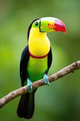 Fototapeta premium A toucan with vibrant yellow, green, and red feathers perched on a branch against a blurred green background, painted in a photorealistic style, perfect for tropical decor and posters..