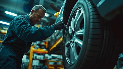 Mechanic Working on Car Wheel Repairing Tire