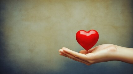 Hand holds red heart. Image shows love, care. Soft background, neutral colors create peaceful atmosphere. Simple image can evoke deep emotions. Suitable for social media posts about love, compassion.