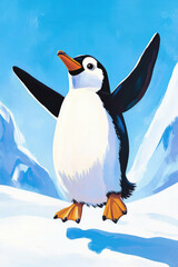 Obraz premium Playful penguin standing on icy snow with blue sky and mountain backdrop, cheerful and modern poster style, white background, perfect for winter-themed prints and decor...