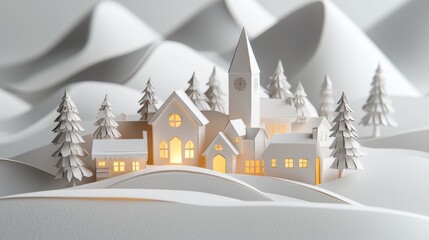 A charming paper-cut village scene set in a snowy landscape, featuring a cozy church and evergreen trees, evoking a serene winter atmosphere.