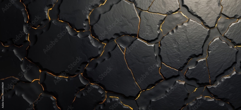 Poster Dark backdrop shows fractured stone texture. Golden lines highlight cracks. Minimalist design creates aged, high-end atmosphere. Grunge style, stone pattern evoke nature. Rough surface hints at wall