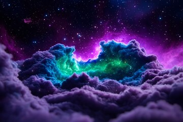 Fototapeta premium Colorful Cosmic Cloud Formation with Green and Purple Nebula Under Starry Sky