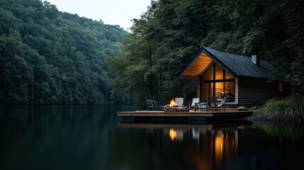 Fototapeta premium Cozy cabin with a glowing fireplace by a calm forest lake surrounded by lush green trees at dusk, reflecting serene natural beauty and tranquility.