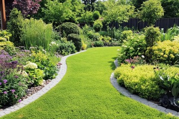 Fototapeta premium Lush garden pathway surrounded by vibrant flowers and greenery on a sunny day