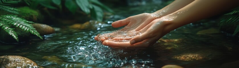 Fototapeta premium Hands Gently Cupping Crystal Clear Water in a Serene Forest Stream Surrounded by Lush Greenery and Smooth Stones