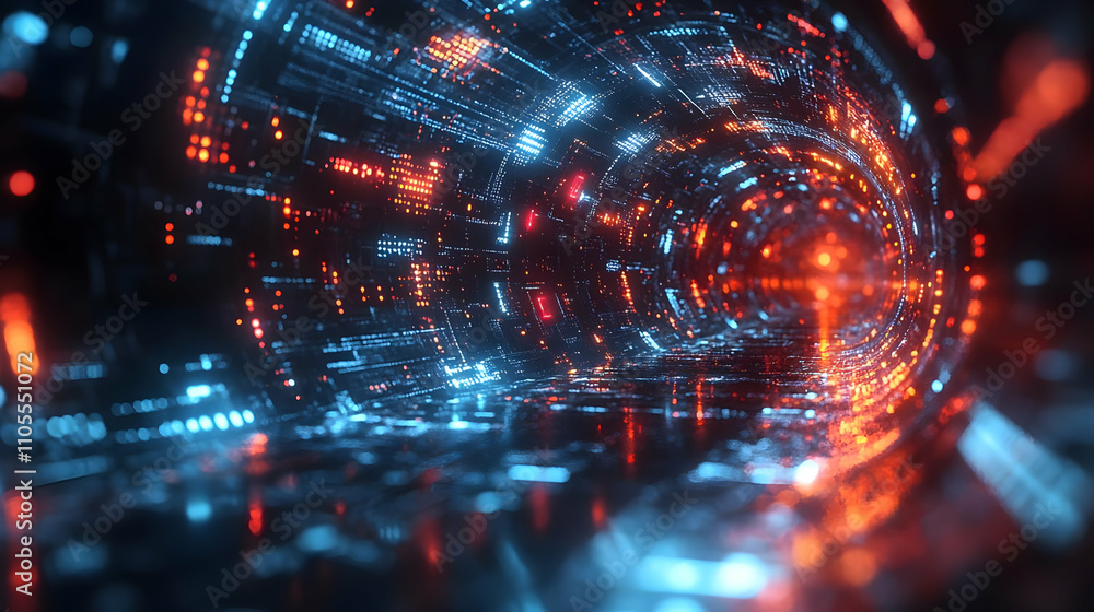 Poster digital tunnel: abstract data flow visuals with glowing neon lights