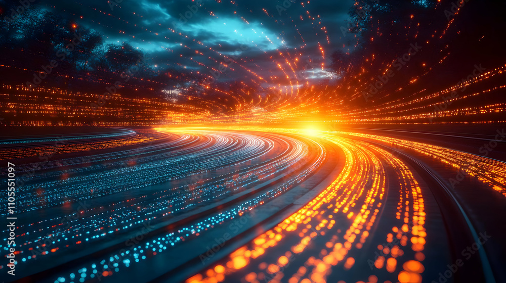 Poster digital trails: glowing data streams curve through night