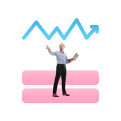 Strategy. Businessman pointing to upward trend graph icon while holding laptop, representing growth...
