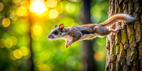 Fototapeta premium Low Angle View of Southern Flying Squirrel Landing on Tree Trunk in Maine, USA - Capturing the Beauty of Wildlife in Natural Habitat