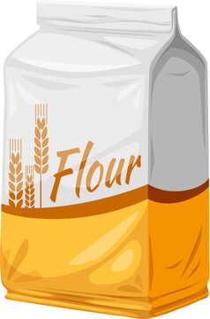Flour packet with wheat ears or grain spikelet on field, vector product package icon. Wheat flour pack for bakery bread or farm agriculture market, bread shop and grocery store or agronomy