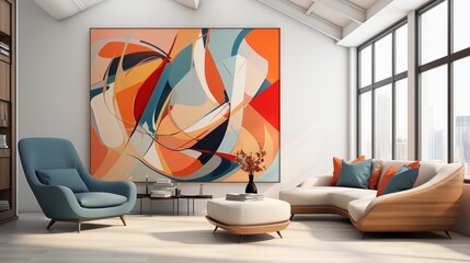 Modern suprematism style featuring bold geometric shapes on the wall and a contemporary armchair, perfect for a minimalist living space.
