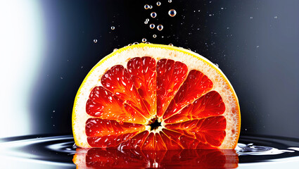 Grapefruit with water droplets and half submerged in water on a black background 