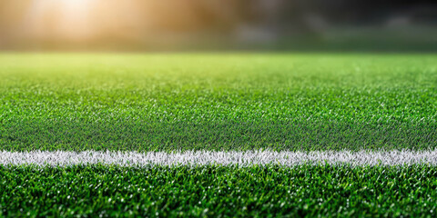 Lush green soccer field with white line under warm sunlight