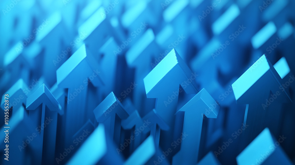 Poster upward arrows forming a dynamic pattern in shades of blue against a soft background