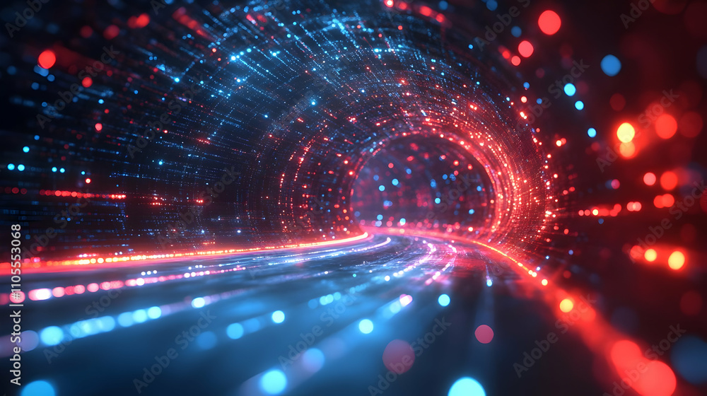 Poster digital tunnel: data flow visualization, abstract light trails, futuristic network
