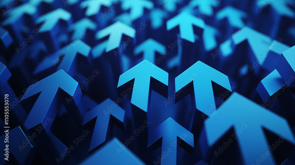 Poster dynamic blue arrows pointing upwards in a vibrant 3d arrangement illustrating progress