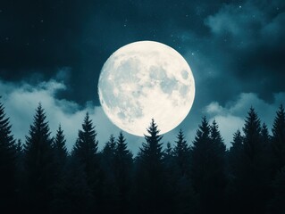 A luminous full moon shines brightly over a dark forest, surrounded by cloudy night skies.