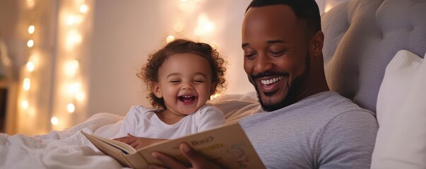 A father holding a storybook, animated gestures, child laughing, tucked in bed, gentle pastel hues, warm soft tones, bedtime story father, joyful bedtime routine