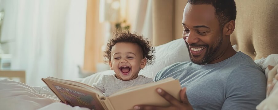 A father holding a storybook, animated gestures, child laughing, tucked in bed, gentle pastel hues, warm soft tones, bedtime story father, joyful bedtime routine